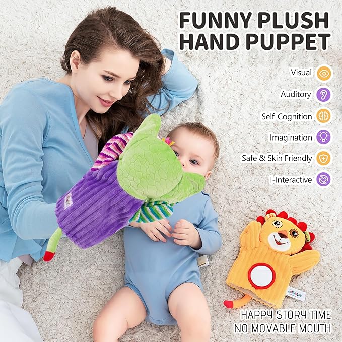 Jollybaby Hand Puppets Baby Toy 0-6-12 Months, Plush Stuffed Animal Hand Puppets Toys for Kids，Sensory Doll with Rattle and Mirror for Toddler，Social Emotional Play Therapy Toys for Boy Girl Gift