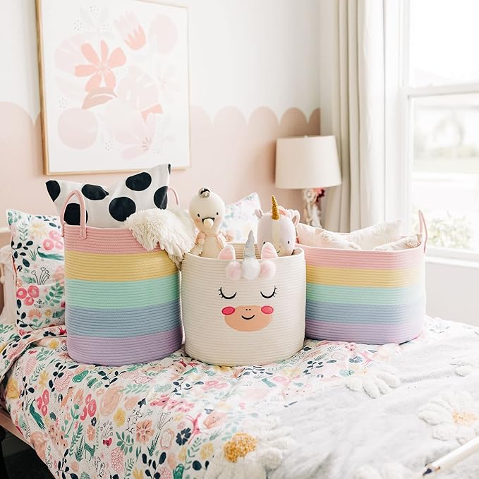 OrganiHaus Cotton Rope Basket for Rainbow Classroom Decor 15x18 | Toy Basket for Pastel Room Decor | Playroom Organization and Storage | Toy Bins & Book Basket | Tall Blanket Basket for Living Room