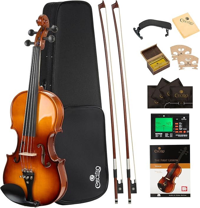 Cecilio 3/4 Violin Solidwood Violin with D'Addario Prelude Strings, Bow, Rosin, Tuner, Shoulder Rest & Lesson Book – Ideal for Beginners