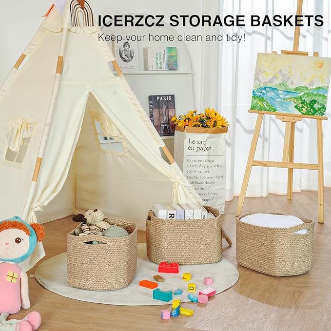 Decorative Storage Baskets for Organizing Shelves, Toy Basket for Nursery, Woven Cotton Rope Baskets for Decor, Towel Basket for Bathroom, 15"x11"x9.5", 3 Packs, Brown