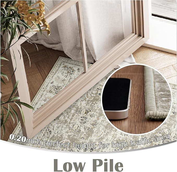 jinchan Hallway Runner Rug 3x8 Washable Runner - Vintage Floral Non Slip Low-Pile Soft Thin Faux Wool Kitchen Rug Distressed Carpet for Farmhouse Bedroom Laundry Room(3x8ft,Taupe)