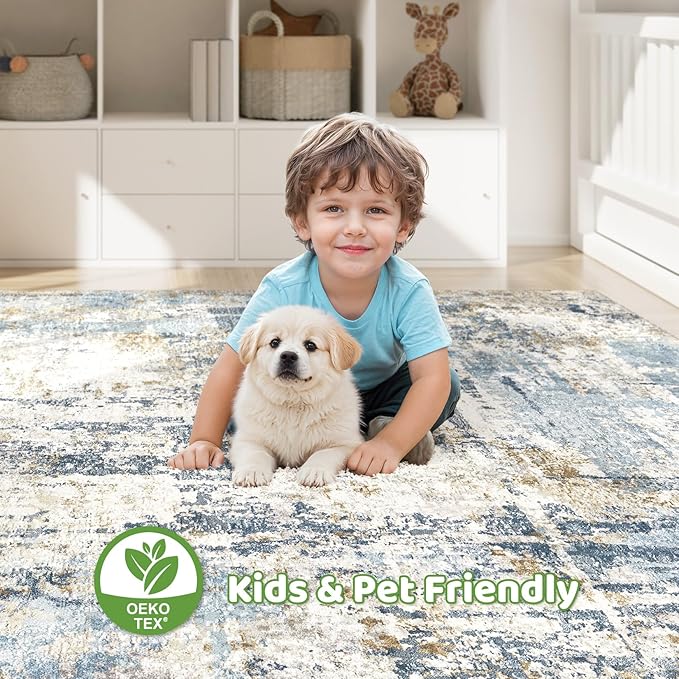 8x10 Area Rugs Washable Rug: Living Room Large Abstract Modern Soft Stain Resistant Indoor Floor Non Slip Accent Carpet for Bedroom Nursery Playroom Office Dining Room Dorm Home House- Blue