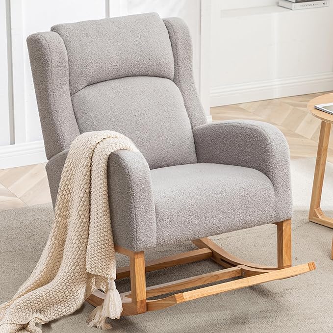Rocking Chair Nursery, Nursing Rocking Chairs for Mom Nursery, Comfy Wingback Glider Rocking Armchair with Foot Rest and Side Pocket for Nursery Living Room Bedroom, Teddy Grey