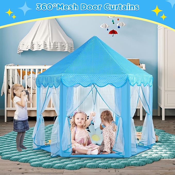 Monobeach Princess Tent Girls Large Playhouse Kids Castle Play Tent with Star Lights Toy for Children Indoor and Outdoor Games, 55'' x 53'' (DxH) (Blue Prinecss Tent with Little Star Lights)