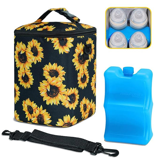 Breastmilk Cooler Bag with Ice Pack Fits 4 Baby Bottles Up to 9 Ounce Insulated Baby Bottle Bag Breast Milk Cooler on The Go with Strap Baby Bottle Cooler Bag for Nursing Mom Daycare or Travel