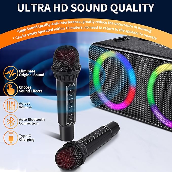 Karaoke Microphone Machines Kids Adults, Karaoke Machine Bluetooth Sound Effects, Bluetooth Wireless Speakers Kareokee Machine Light TF Card/USB Portable Home Party Outdoor/Indoor, Black