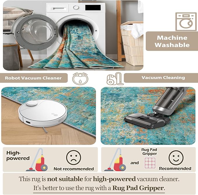 Washable Area Rugs 7'x9' Non-Slip Modern Abstract Soft for Living Room Entryway Bedroom Nursery, Print Pattern, Teal Blue Green Orange Rust Red Colorful