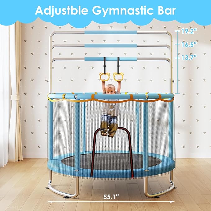 Trampoline for Kids, Upgrade Full Anti-Rust 440lbsToddler Trampoline with Net, Upgraded Ring Legs with Adjustable Gymnastics Bar&Toys, Gifts for Ages 1-8 Boys&Girls