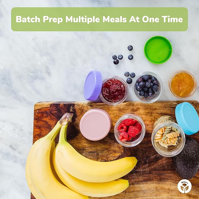 WeeSprout Baby Food Storage Glass Jars w/Lids (4 oz, 24 Pack) Bright Variety, Snack, Reusable Small Containers, Fridge or Freezer, Microwave & Dishwasher Safe, Essentials for Infants