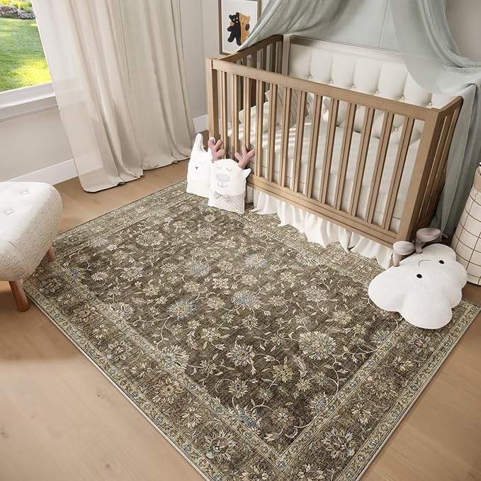 Washable 3x5 Entryway Rug Indoor, Boho Non-Slip Silicone Backing Small Rugs for Kitchen Nursery Office Bedroom, 0.3" Neutral Oriental Throw Carpet with 0.16" Cushioning Pad, Flaxen/Multi