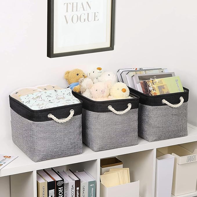 TheWarmHome Storage Basket for Organizing - 16x12x12 inch Cube Storage bin 3 Pack Fabric Storage Cubes, Collapsible Storage Box for Organizer Cloth Gift Toy Closet (Black & Grey)