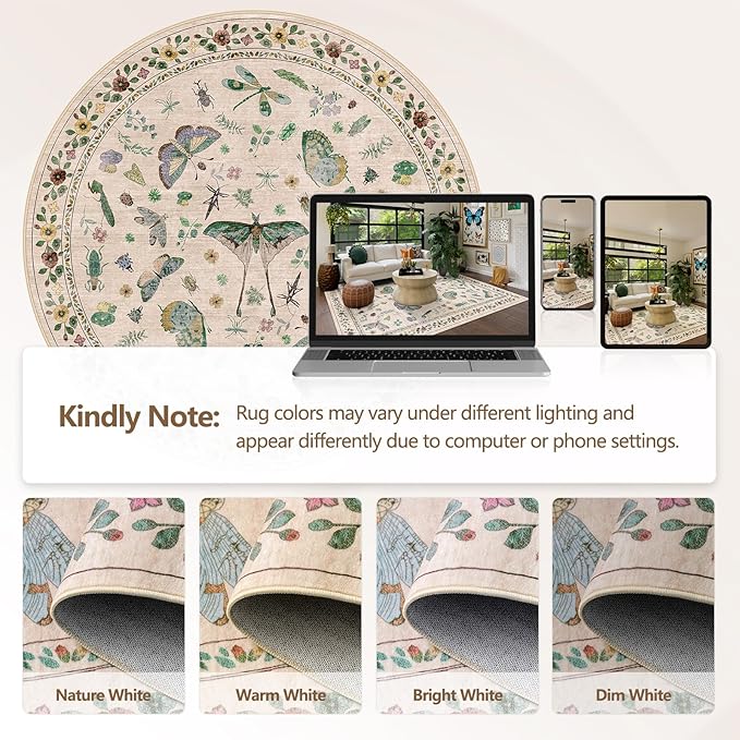 6ft Washable Round Rug - Bug Rugs for Living Room Non-Slip Low Pile Soft Ultra-Thin Machine Washable Circle Carpet for Bedroom, Entryway, Nursery, Kitchen, Home Office (6' Round Beige)