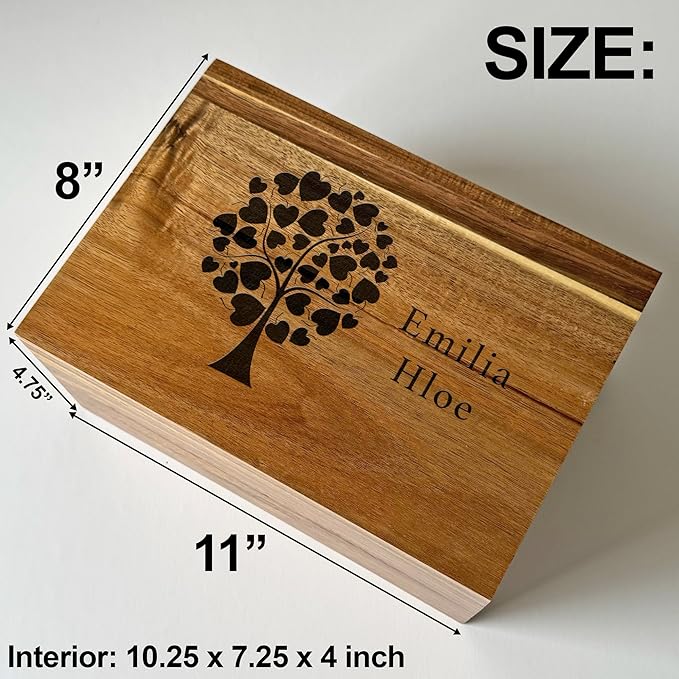 Life Tree Storage Box Personalized - Keep sake Box for Memories Large, Acacia Wood Decorative Chest, Custom Engraved Memory Boxes Bereavement, Memorial Keepsake Boxes, 11 x 8 x 4.75 in