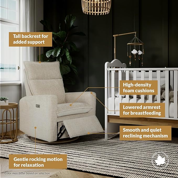 Arya Modern Nursery Chair Glider Recliner with 180° Swivel - Cozy Motorized Reclining Nursing Chair with USB Ports, Gentle Motion, Ergonomic Design, Canadian-Made (Ivory/Nubia Fabric)