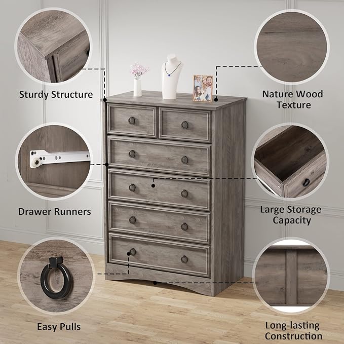LGHM Modern 6 Drawer Dresser, Dressers for Bedroom, 44.33" Tall Chest of Drawers Closet Organizers & Storage Clothes - Easy Pull Handle, Textured Borders Living Room, Hallway, Gray