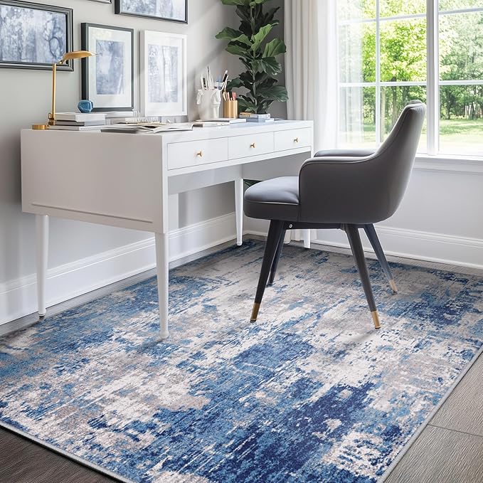 Washable Area Rugs 2'x3' Non-Slip Modern Abstract Soft for Living Room Entryway Bedroom Nursery, Print Pattern, Blue Grey Navy Gray