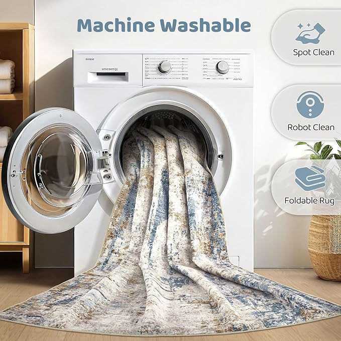 10x12 Area Rug Living Room: Washable Large Abstract Modern Soft Rugs Stain Resistant Indoor Floor Non Slip Accent Carpet for Bedroom Nursery Playroom Office Dining Room Dorm Home House- Tan Blue