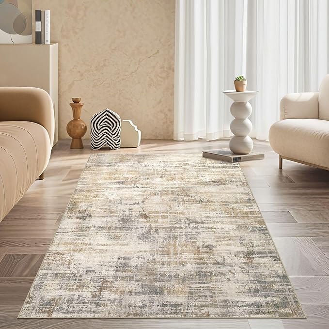 Area Rug for Living Room: 3x5 Washable Neutral Abstract Modern Soft Rugs Non Slip Indoor Floor Stain Resistant Carpet for Bedroom Dining Room Office Nursery - Golden Brown