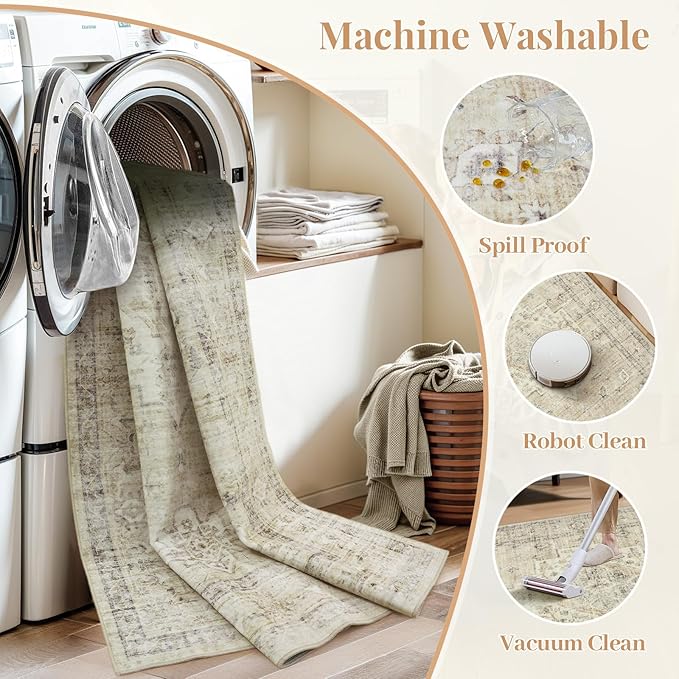 LIVEBOX Washable Area Rug 6x9 Rugs for Living Room Dining Room Under Table, Non-Slip Boho Neutral Carpet for Bedroom, Low-Pile Farmhouse Soft Carpets for Nursery Room Playroom, Tan