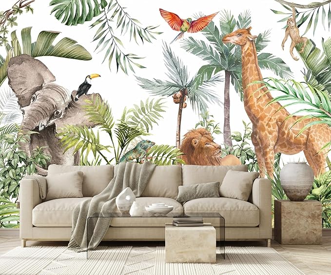 Kids Safari Giraffe Wallpaper Tropical Palm Tree Jungle Forest Plants and Animals Wall Mural for Nursery Living Room Bedroom Dining Room Basement(Not Self-Adhesive)