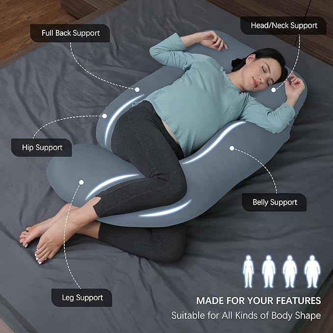 MOON PARK Pregnancy Pillows for Sleeping - U Shaped Full Body Maternity Pillow with Removable Cover - Support for Back, Legs, Belly, HIPS - 57 Inch - Grey - Cooling Cover