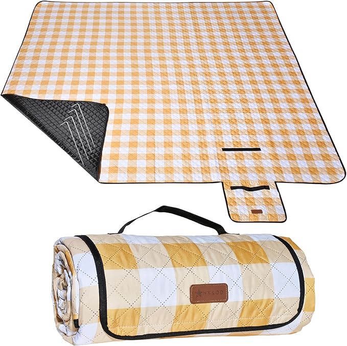 HX&OD Outdoor Picnic Blanket, Extra Large, 80''x60'' Waterproof Foldable Blankets Gingham Picnic Mat for Beach, Camping Grass Lawn Park Accessories Cute Couple Ideas Wedding (Yellow, 80”x60”)