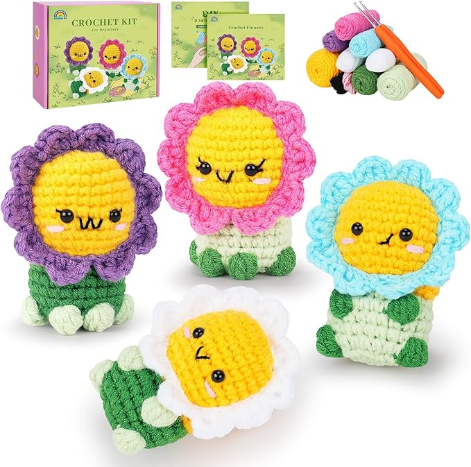 Crochet Kit for Beginners - 4PCS Flowers Complete Crochet Starter Kit with Step-by-Step Video Tutorials, Beginner Crochet Kits for Adults Kids Women, Flower Family Crocheting Set