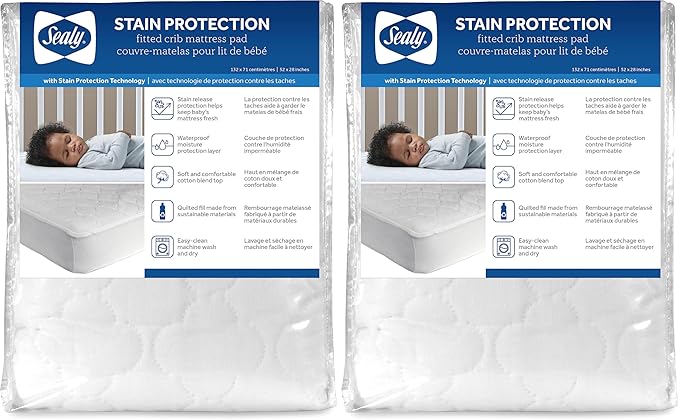 Sealy Baby Stain Protection Fitted Waterproof Infant Crib Mattress Protector Pad and Toddler Bed Cover, Durable and Comfortable Topper, Machine Washable and Dryer Friendly, 52” x 28”- White