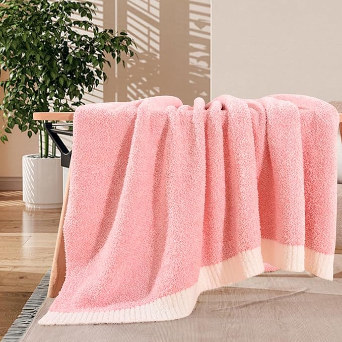 NEXHOME PRO Soft Blankets Pink, Cozy Throw Blanket for Couch, Warm Reversible Knit Blanket for Women, Fuzzy Lightweight Throws for Sofa, Bed, Picnic, Heather Hot Pink, 50 x 60 inches