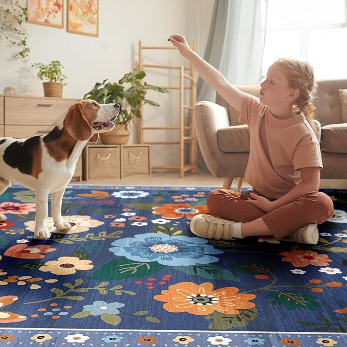 Floral 5x7 Area Rug Machine Washable Soft Print Boho Carpet Non Slip Doormat Low Pile Flower Area Rugs for Living Room Bedroom Nursery Kitchen Dining Room Indoor-Blue/Grey