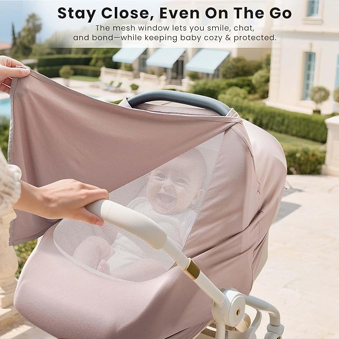 Konssy Baby Car Seat Cover with Breathable Mesh Window, Stretchy Windproof and Sunshade Canopy for Infant Car Seats, Boys and Girls