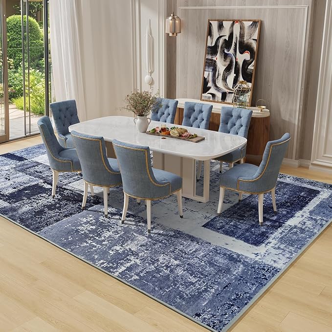 LOCHAS Rug for Living Room, Washable Soft Area Rugs for Bedroom 6x9, Abstract Carpet for Indoor Office Kids Dining Room Nursery Floor, Blue Geometric Vintage Home Decor, Non Slip, Pet Child Friendly