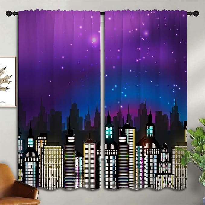 Superhero Rod Pocket Blackout Curtains for Boy Girl Bedroom, Super City Skyline Buildings Night Panorama Thermal Insulated Home Window Drapes for Living Room Darkening, 55x63 inch