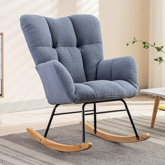 NIOIIKIT Nursery Rocking Chair Teddy Upholstered Glider Rocker Rocking Accent Chair Padded Seat with High Backrest Armchair Comfy Side Chair for Living Room Bedroom Offices (Light Blue)