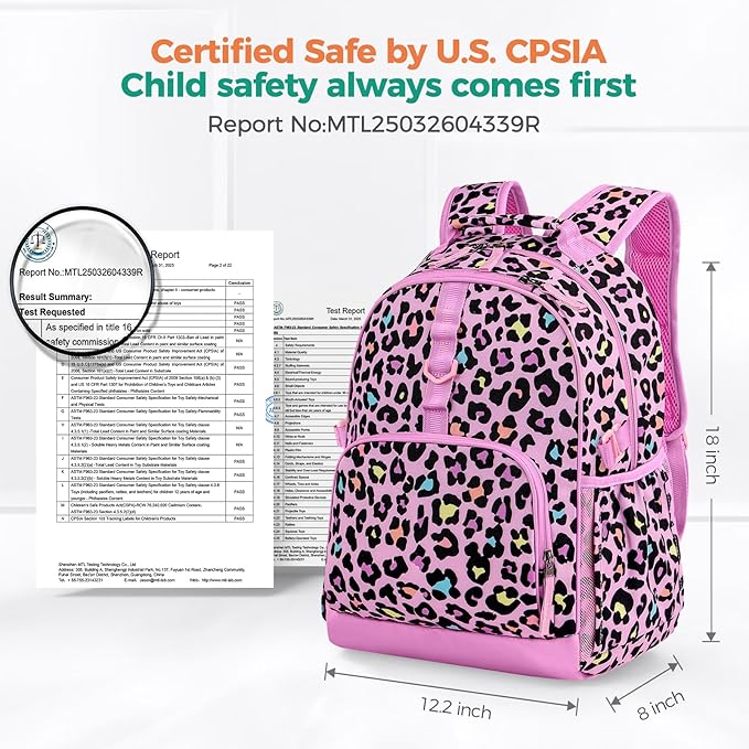 Choco Mocha Cheetah Backpack for Girls, Elementary School Backpack for Girls Ages 6-8 Kids Kindergarten Backpack Large Bookbag 18 Inch with Chest Strap, Pink