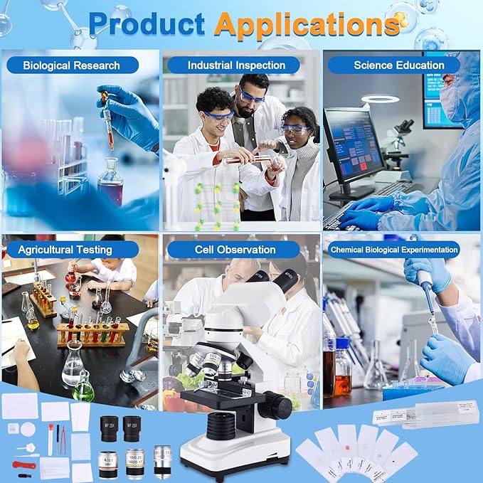 Microscope Magnification 40X-2500X WF10x and WF25x Eyepieces, Dual LED Illumination, Adult Microscope for Schools Home Labs Educational Use
