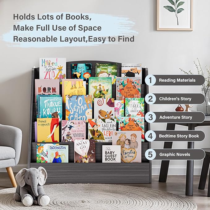 TOETOL 5-Tier Kids Bookshelf - Toddler Book Display Shelves for Classrooms, Playrooms, and Nursery - Wooden Children Book Rack (Gray Wash)