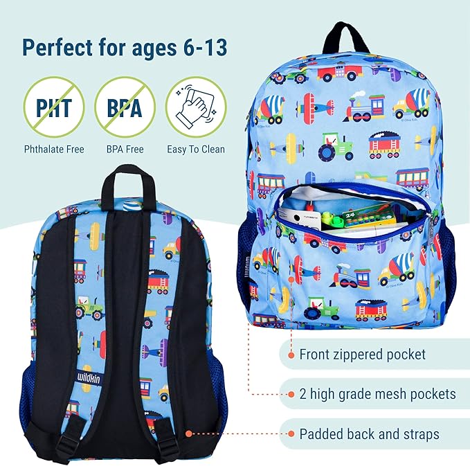 Wildkin 16-inch Kids Backpack – Durable, Padded & Spacious School Bag for Boys & Girls - Trains, Planes, and Trucks