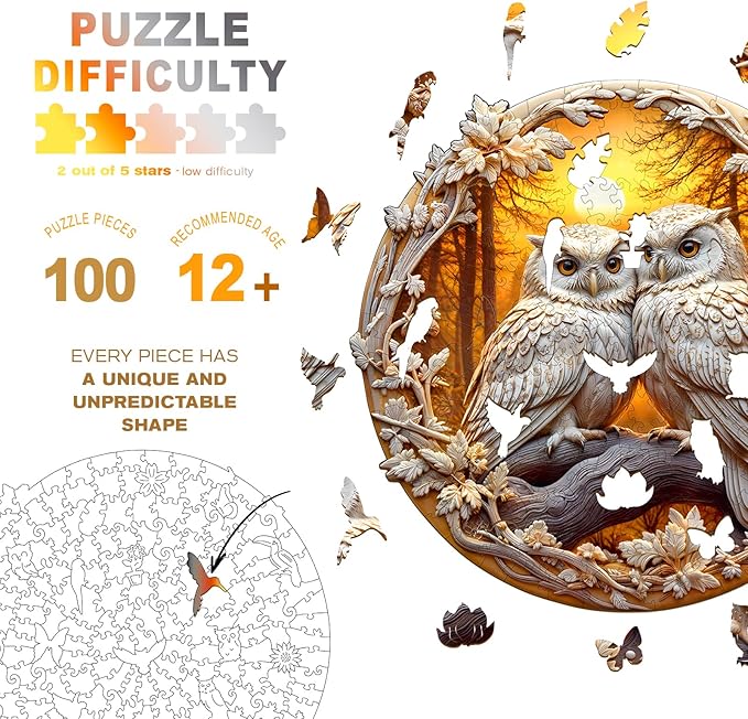Wooden Puzzles for Adults - Couple Owl Wooden Jigsaw Puzzle - Unique Animal Shaped Wood Puzzles Adult - Creative Birthday Gift Family Game 100pcs