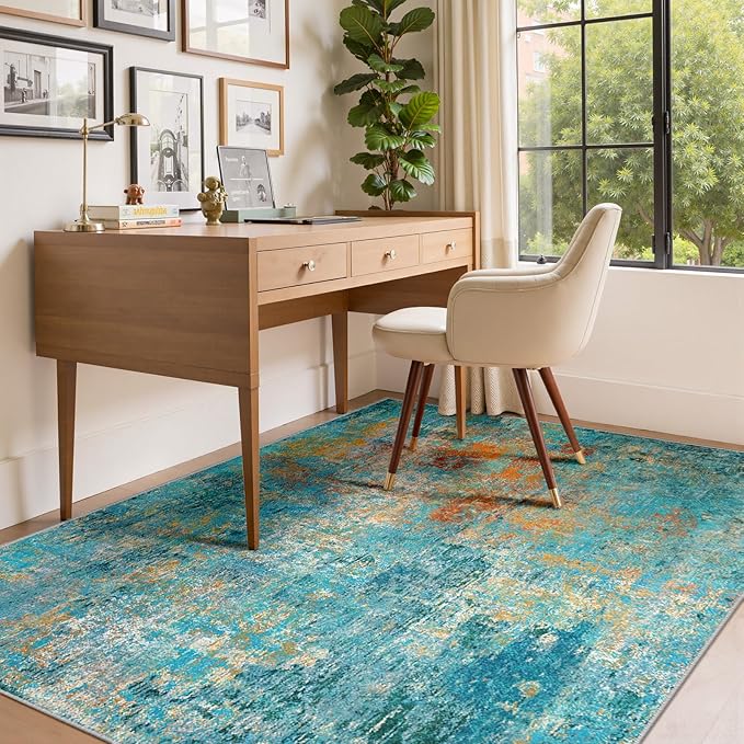 Washable Area Rugs 6'x9' Non-Slip Modern Abstract Soft for Living Room Entryway Bedroom Nursery, Print Pattern, Teal Blue Green Orange Rust Red Colorful