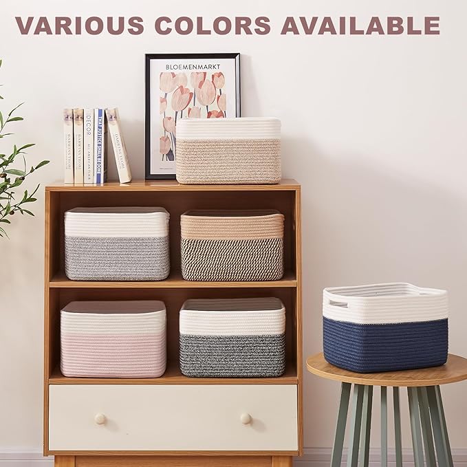 OIAHOMY 4 Pack Storage Baskets for Organizing, Basket for Shelves with Handle, Woven Baskets for Storage Toys, Towels, Books, Cotton Rope Basket 13" L x 9 " W x 7.8 " H, Pink & White