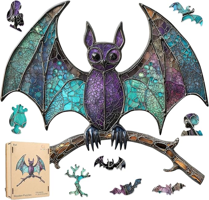 Wooden Puzzles for Adults,Stained Glass Bat Puzzles -Animal Wooden Puzzles,Unique Irregular Fun Challenging Jigsaw Puzzles Gifts，Perfect Family Games,11.2 * 10.6inch