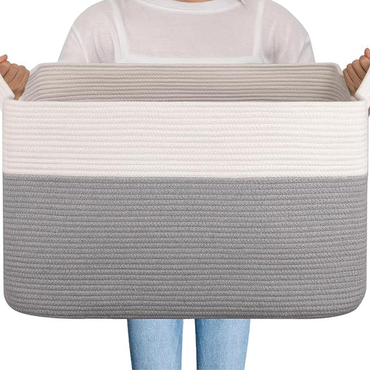 OIAHOMY 95L Blanket Basket, 24”x17”x14”, Large Woven Baskets for Storage, Nursery Cotton Rope Basket with Handle, Living Room, Nursery, Bedroom,Toy Baskets Organizer Bins, Grey & White