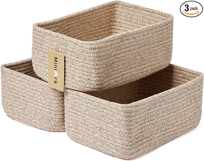 Small Storage Baskets for Organizing | Closet Organizer Bins | Shelf Toy Basket | Woven Rope Baskets | Cube Decorative Box | Shallow Basket | 11.5x7.5x4.7” | 3 Packs Mixed Brown
