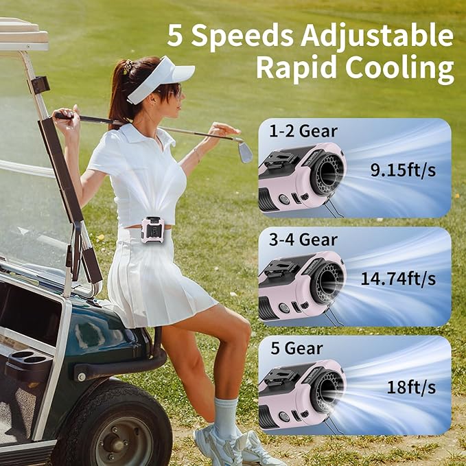 Socool 10000mAh Portable Waist Fan Clip on Wearable Belt Personal Fan Rechargeable Battery Operated With 5 Speeds & Flashlight Neck Hands-Free 40H Cooling For Outdoor Travel Camping Power Bank (Pink)