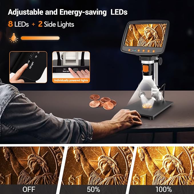 Digital Microscope with 7" LCD Screen,1500X Magnification Soldering Microscope with HDMI,Coin Microscope with 12MP Image Sensor,Windows/Mac/TV Compatible（32GB Card）