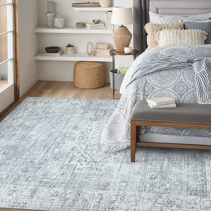 LIVEBOX Washable Area Rug 8x10 Rugs for Living Room Bedroom, Non-Slip Boho Neutral Carpet for Dining Room Office, Low-Pile Farmhouse Soft Carpets for Kids Nursery Room Playroom, Grey