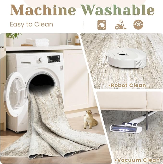 Washable Rug 9x12 Area Rugs for Living Room: Large Neutral Soft Rug Abstract Non Slip Low Pile Modern Carpet for Bedroom Kitchen Nursery Office Dining Room Indoor (Beige, 9'x12')