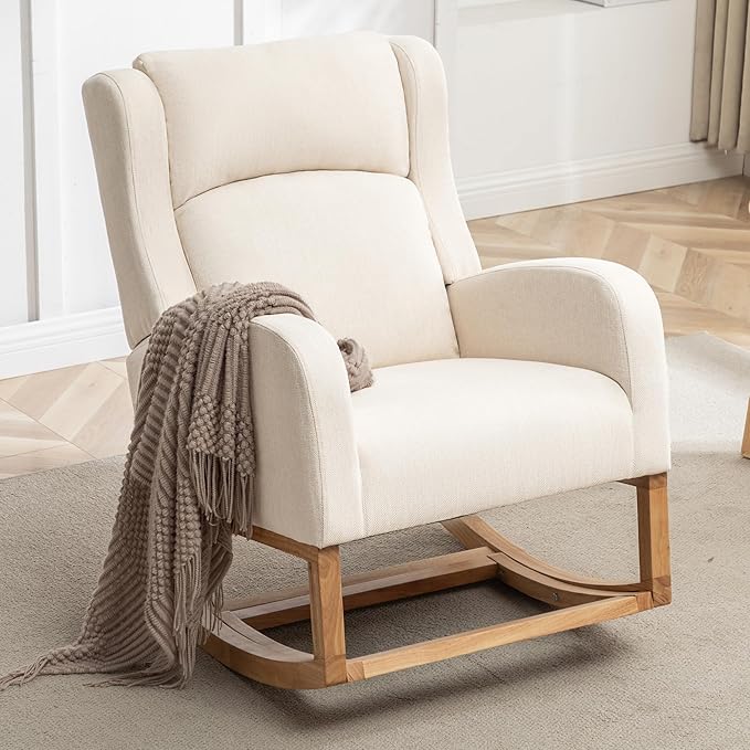 Rocking Chair Nursery, Nursing Rocking Chairs for Mom Nursery, Comfy Wingback Glider Rocking Armchair with Foot Rest and Side Pocket for Nursery Living Room Bedroom, Beige