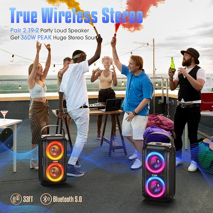 W-KING Party Loudest Portable Bluetooth Speaker Wireless Boom Box, 180W Max Big Large Outdoor Speaker 4 Drivers with 2*4.04'' Subwoofer, 80W HD Huge 105dB Pulse Natur Deep Bass, IPX5/24H/EQ/USB/TF/AUX